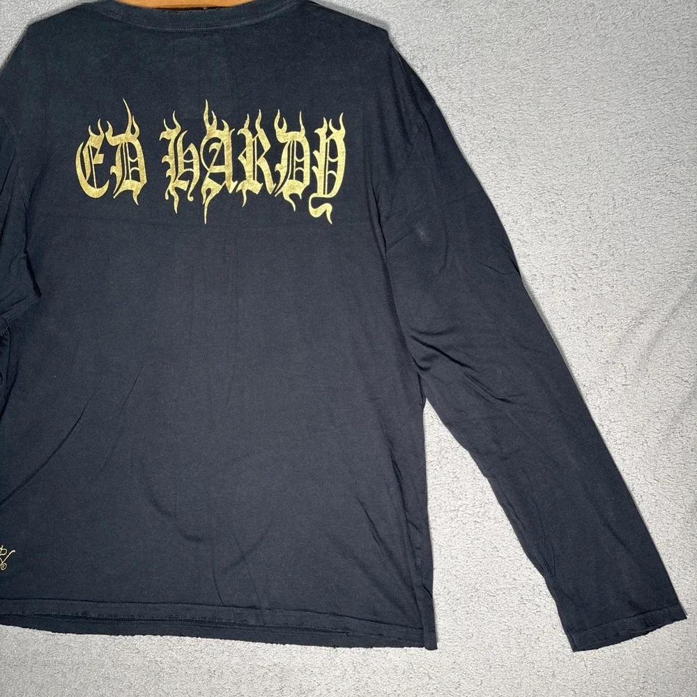 Ed Hardy Love Kills Slowly Long Sleeve Shirt Black Rhinestone Skull XL‎ NWT